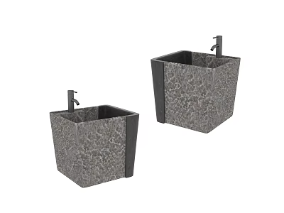 Two Square Stone Textured Washbasins With Chrome Faucets In Bathroom Design 3d model