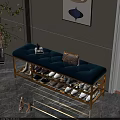 Stylish Blue Velvet Bench with Golden Metal Frame and Multi Layer Shoe Storage