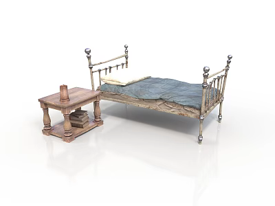 Vintage Metal Bed Frame With Wooden Nightstand Holding Books And Blue Mattress 3d model