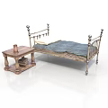 Vintage Metal Bed Frame With Wooden Nightstand Holding Books And Blue Mattress