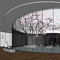 Modern Sales Office Architectural Design With Curved White Structure Glass Facade And Water Feature