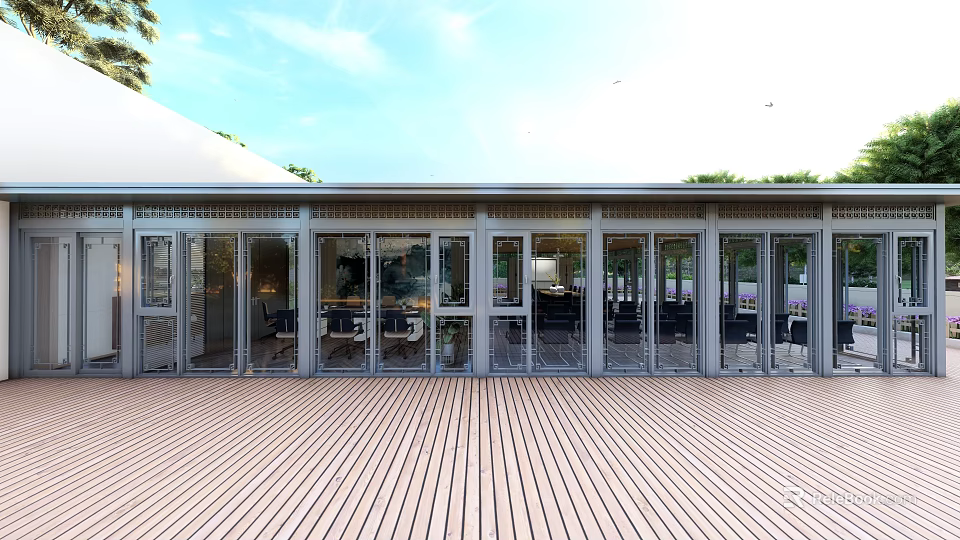 Modern Building Exterior With Large Glass Doors Wooden Deck And Green Trees Under Blue Sky 3d model 
