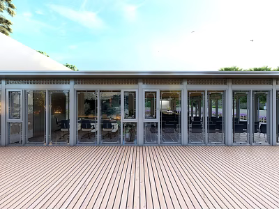 Modern Building Exterior With Large Glass Doors Wooden Deck And Green Trees Under Blue Sky 3d model