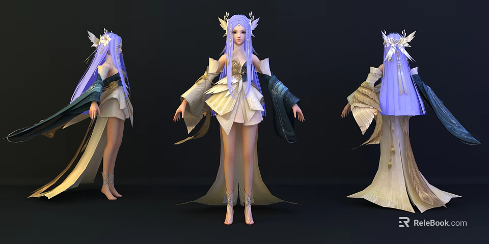 Game Movie Character With Purple Long Hair And Golden White Flowy Costume Three Angles 3d model 