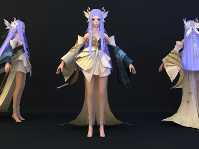 Game Movie Character With Purple Long Hair And Golden White Flowy Costume Three Angles 3d model