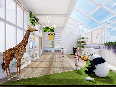 Villa Balcony with Green Plants Kids Playing Animal Models Glass Roof and Wooden Floor 3d model