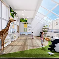 Villa Balcony with Green Plants Kids Playing Animal Models Glass Roof and Wooden Floor