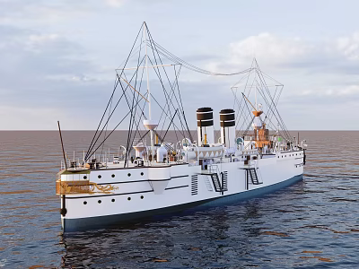 Vintage White Yacht With Gold Accents Sailing On Ocean Under Cloudy Sky 3d model