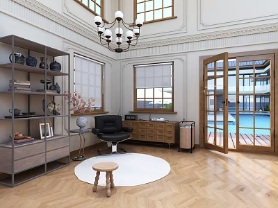 Interior With Metal Shelf Black Chair Round Rug Chandelier Wooden Herringbone Floor Glass Door Leading To Pool 3d model