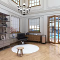 Interior With Metal Shelf Black Chair Round Rug Chandelier Wooden Herringbone Floor Glass Door Leading To Pool