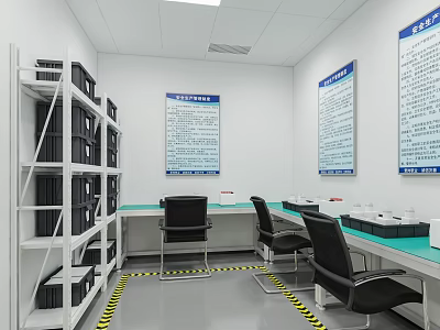 Modern Laboratory Interior With White Shelves Black Chairs Green Countertops And Wall Charts 3d model