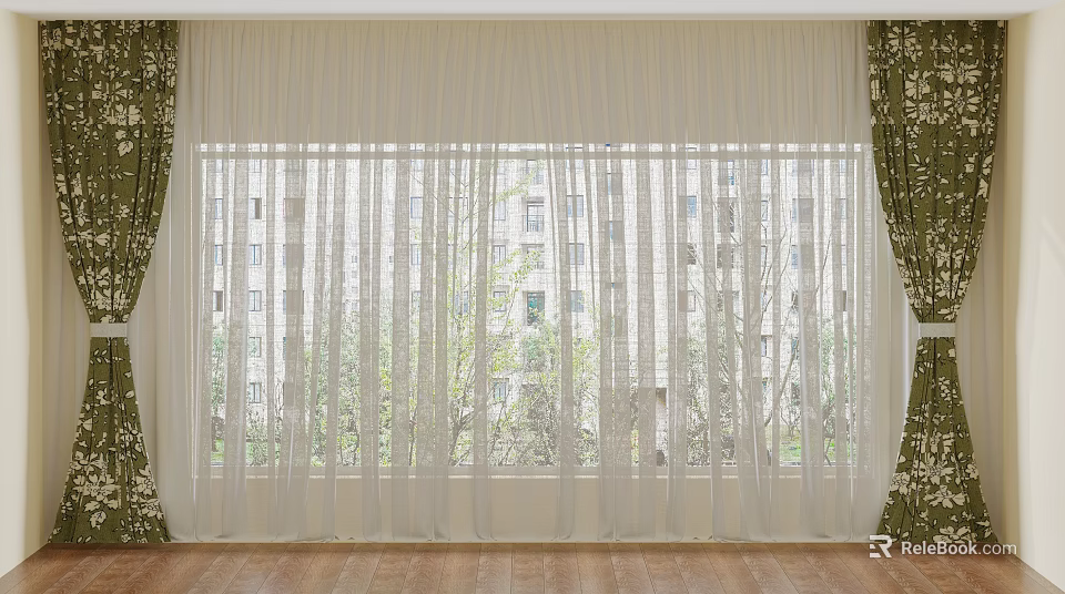 Sheer White Curtains With Green Patterned Side Panels And Tree View Through Window 3d model 