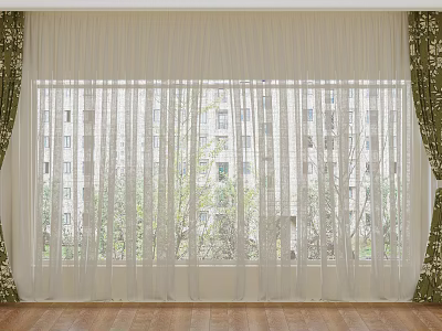 Sheer White Curtains With Green Patterned Side Panels And Tree View Through Window 3d model