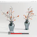 Two Silver Vases with Decorative Branches and Orange Leaves on White Background 3d model