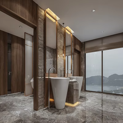 Modern Public Restroom Design With Marble Double Sinks Wooden Elements Mirrors Large Windows Mountain View 3d model