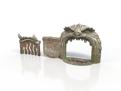 Fantasy Style Shimen Shimen Carving Shield Animal Head Stone Carving Fangs White Background 3 Art Fantasy Creatures Decorative Wood Carving 3d model