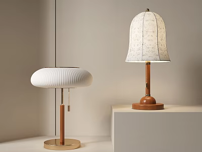 Table Lamps With White Ribbed And Dotted Bell Shades Wooden Stems Gold And Brown Bases 3d model