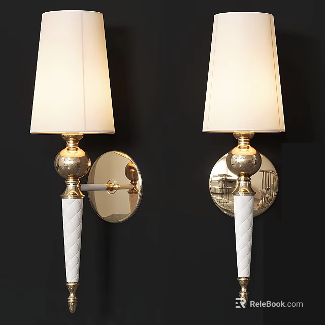 Elegant Wall Lamps With White Lampshades Golden Bases And Twisted White Poles On Black Wall 3d model 