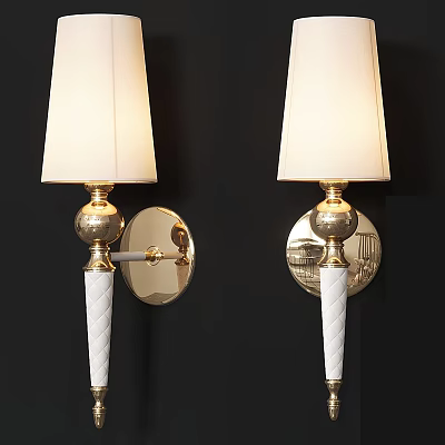Elegant Wall Lamps With White Lampshades Golden Bases And Twisted White Poles On Black Wall 3d model