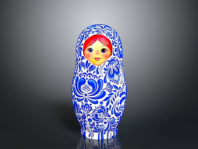 Traditional Matryoshka Doll With Blue White Floral Patterns And Red Hair 3d model