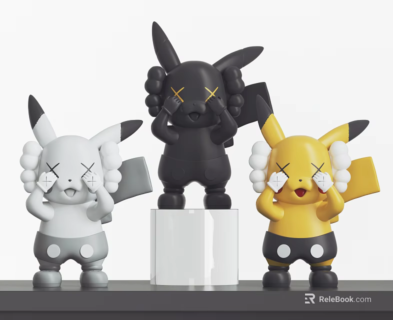 Three Piece Decorative Figurine Set White Black Yellow With X Eyed Design And Transparent Base 3d model 