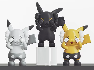 Three Piece Decorative Figurine Set White Black Yellow With X Eyed Design And Transparent Base 3d model