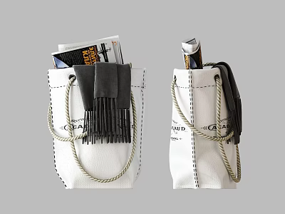 Stylish White Tote Bags With Magazines Gray Scarf And Beige Rope Handles 3d model