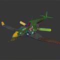 Green Body Passenger Airplane with Yellow Nose Wing Tips Twin Wings Cockpit Gray Background Reflection