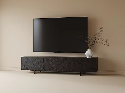 Modern Dark TV Stand with Geometric Design Flat Screen TV and Decorative Vase 3d model