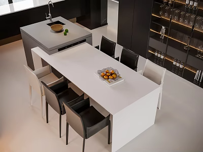 Modern Sleek White Dining Table Set With Black Chairs And Kitchen Island 3d model