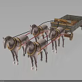 Four White Horses Pulling Wooden Wagon With Red Harnesses And Wheels