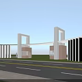 Modern School Building Entrance With White Columns Wide Road And Green Lawn