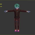 3D Child Model in Black Uniform with Yellow Buttons Standing Arms Outstretched on Gray Background