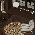 Stylish Round Rug with Shoes on Wooden Floor Featuring Beige Armchair and Window Bench