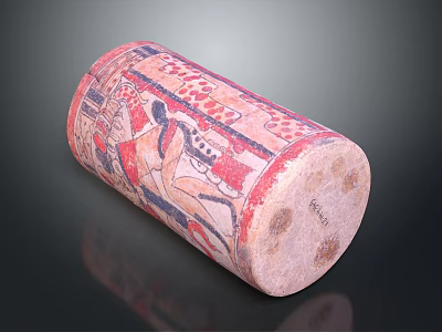 Cylindrical Stone Sculpture Carving With Colorful Decorative Patterns And Figures 3d model