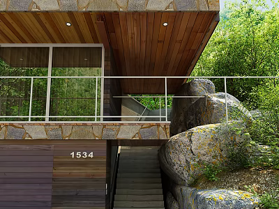 Rustic Detached Villa With Wooden Roof Stone Walls Large Windows And Rocky Surroundings 3d model