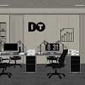 Modern IT Office Interior With Workstations Clock Gray Walls Bookshelf And Green Plants