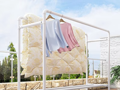 White Clothes Drying Rack With Quilt And Light Blue Pink Clothes On Balcony 3d model