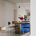 Modern Restaurant Interior Design Featuring Blue Dining Table Hanging Light Wooden Cabinets And Green Plants