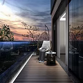 Elegant Villa Balcony With Outdoor Furniture Greenery And Twilight Sky