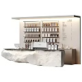 Modern Minimalist Bar Counter Interior With Stone Top And Shelves Displaying Bottles And Containers