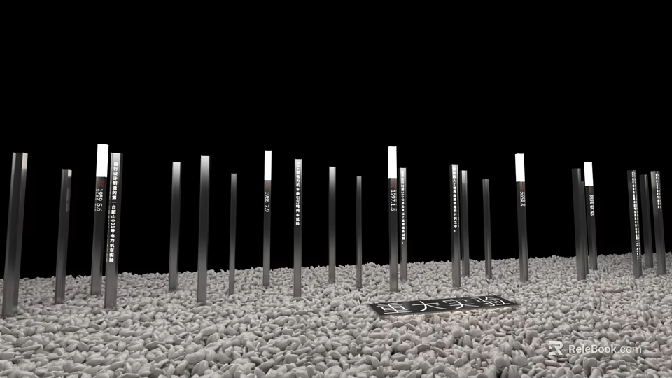 Modern Art Installation With Silver Vertical Pillars And White Segments On Pebbles 3d model