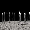 Modern Art Installation With Silver Vertical Pillars And White Segments On Pebbles 3d model
