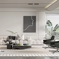 Modern Living Room Interior Design With Light Gray Sofa Black Floor Lamp And Abstract Portrait