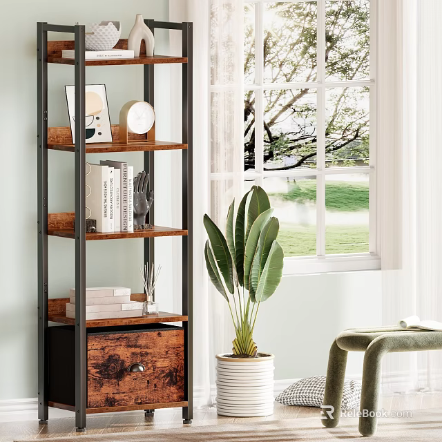 Wooden and Metal Shelving Unit with Books Decorative Items and Green Plant in Living Room 3d model 