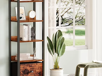 Wooden and Metal Shelving Unit with Books Decorative Items and Green Plant in Living Room 3d model