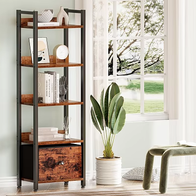 Wooden and Metal Shelving Unit with Books Decorative Items and Green Plant in Living Room 3d model