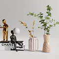 Modern Minimalist Decorative Ornament Set with Golden Human Figurines Vases Green Plants and Books