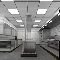 Commercial Kitchen Interior With White Tiled Walls Stainless Steel Appliances Ceiling Lights Worktables And Flooring