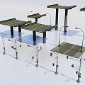 Diverse Public Facilities Components Including Platforms Street Lamps Pavements And Benches